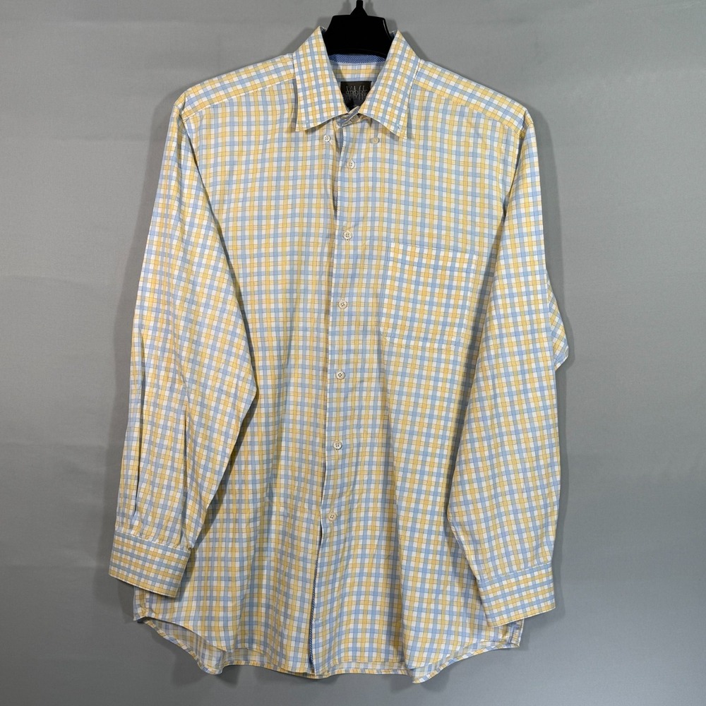 XMI SPORT‎ Men XL Button up Blue Yellow Plaid Long Sleeve shirt Cotton Chest 52"